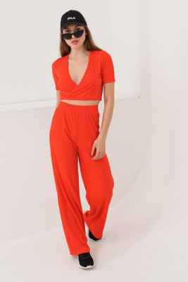 Костюм лапша палаццо + топ на завязках  короткий рукав 1254 оранжевый